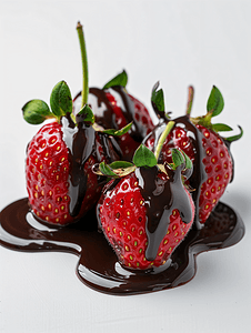 白色背景下覆盖着巧克力糖浆的草莓