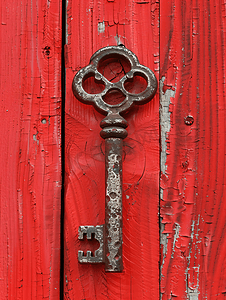 古老红木门大门上的古董铁钥匙