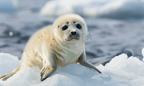 可爱动物幼崽摄影照片_浮冰上的竖琴海豹幼崽