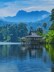 马来西亚婆罗洲古晋到砂拉越文化村的湖