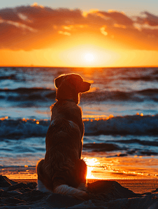 日落时分海滩上的狗