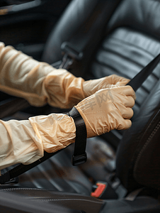 戴着橡胶手套的司机在车里系好安全带