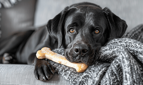 一只带骨头的黑色拉布拉多猎犬宠物躺在沙发上的毯子上