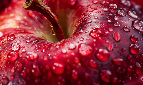 卡路里摄影照片_红苹果的成熟果实与露珠的特写