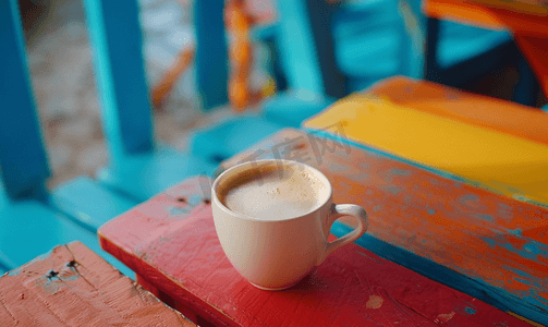 拿着咖啡杯摄影照片_越南大叻咖啡馆色彩缤纷的木桌上放着一杯热牛奶咖啡