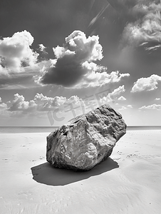 大海前的沙滩上一块黑白相间的大石头天空中飘着云朵
