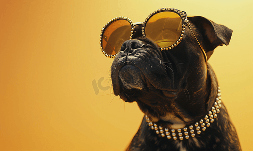 一只戴着金色镶钉太阳镜的酷炫时尚狗