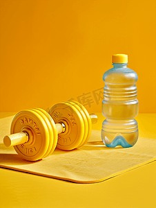 瓶饮料摄影照片_黄色哑铃健身垫和蛋白质摇晃器