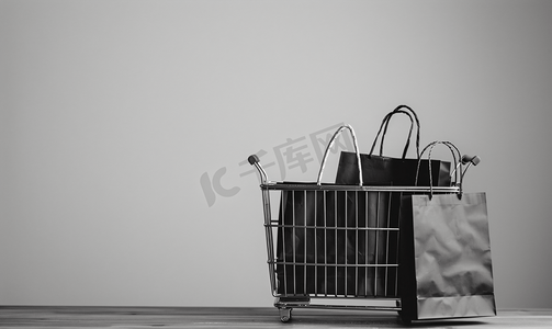 立体购物篮摄影照片_带购物袋的购物篮带复印空间的单色购物概念横幅