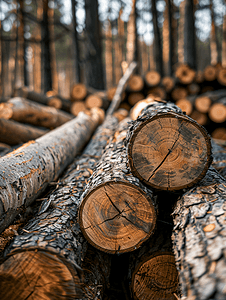森林里一堆砍伐的原木乡村地区锯木厂附近的伐木场木材倒下
