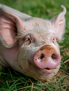 鼻子痒鼻炎摄影照片_一只心满意足的粉红猪在草地上微笑鼻子和鼻子全画幅