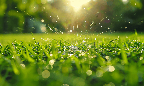 绿茵茵的草坪摄影照片_草坪喷水器在绿草上喷水