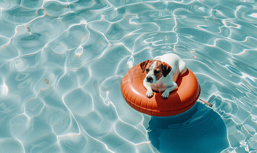 漂浮在游泳池中的狗形浮标的肖像