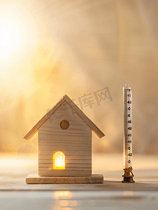 发烧主图摄影照片_测量温度的温度计放在小模型房子上