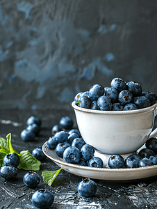 黑板上白杯中的有机蓝莓