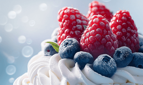 草莓、覆盆子和蓝莓夹在甜甜的奶油里