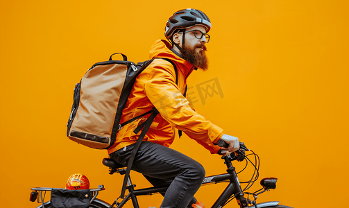 城市服务摄影照片_骑自行车的带绝缘袋的快递员