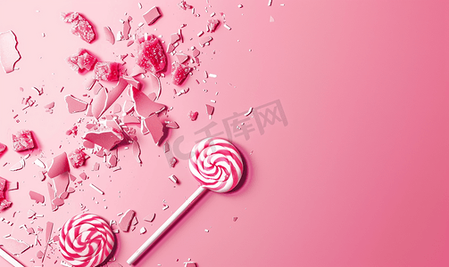 棒棒糖在粉红色背景顶视图上分成碎片并带有复制空间
