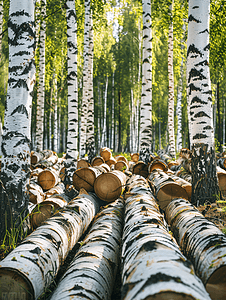 白桦树原木堆森林树木多样性