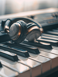 钢琴或合成器键盘上的耳机特写