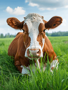 牛躺在牧场的草地上牛头特写