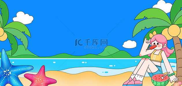 夏季海边女孩卡通线描旅游冲浪背景图片