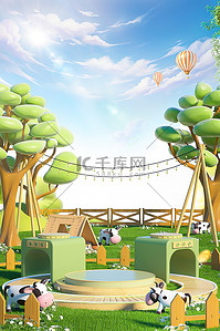夏季户外植物绿色3D母婴电商场景背景
