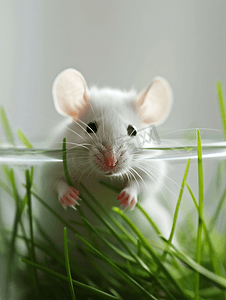 绿草背景透明玻璃中的白鼠