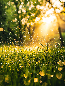 水分动图摄影照片_清晨在干燥的天气里用洒水器洒在绿草上