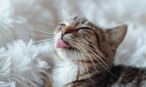 伸出舌头近距离观察蓬松的白色床上可爱的猫咪可爱的宠物