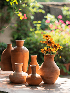 棕色陶土花瓶放在其他花瓶前面布置用来装饰花园