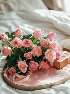 床上放着一束美丽的粉红玫瑰和礼盒的托盘