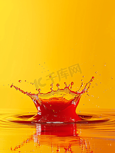 黄色果汁液体摄影照片_黄色背景上带有反射和滴落的红色液体飞溅