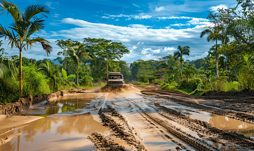驾车穿越墨西哥索尔费里诺村的泥泞和热带丛林