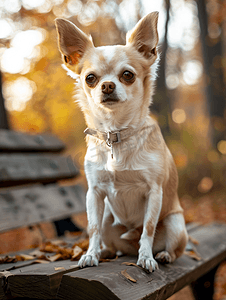 一只吉娃娃狗坐在长凳上背景是大自然一只宠物狗在散步