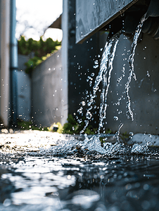 建筑物落水管水从屋顶流到沥青上