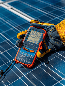 可替代能源摄影照片_太阳能电池板上的万用表和手套