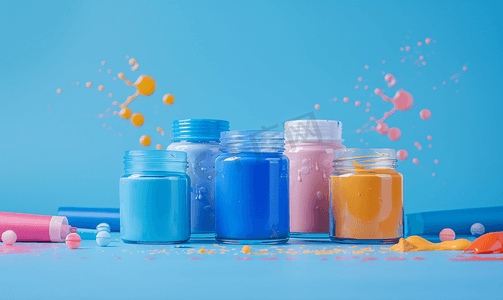 液体丙烯酸摄影照片_蓝色背景与油漆罐