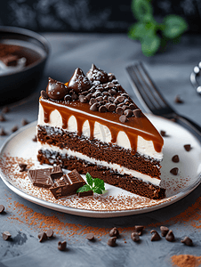 釉摄影照片_巧克力蛋糕配奶油釉和焦糖
