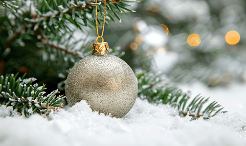 雪假日背景圣诞树上的银金小玩意