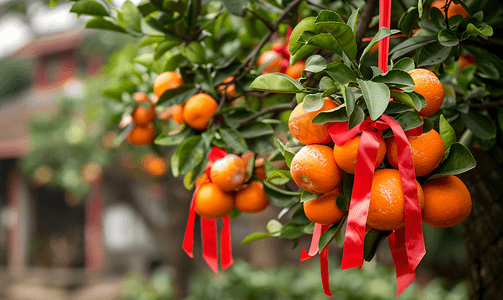 会红色摄影照片_越南会安花园树上挂着红丝带的成熟新鲜的橘子