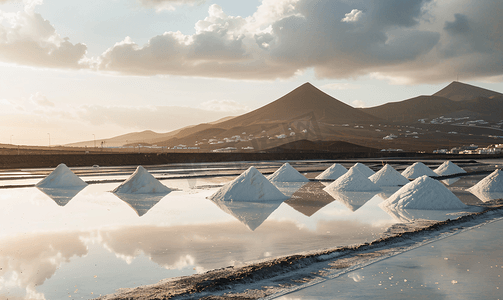 西班牙兰萨罗特岛盐水湖上的盐堆