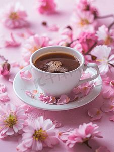 拿杯子摄影照片_粉红色背景上有鲜花的咖啡杯