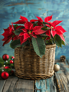 木桌上用一品红装饰的柳条篮和圣诞节背景