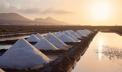 西班牙兰萨罗特岛盐水湖上的盐堆