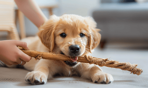 可爱的小狗玩木棍主人和狗玩耍宠物护理