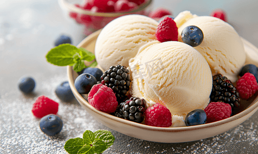 香草冰淇淋勺放在碗里配上新鲜浆果
