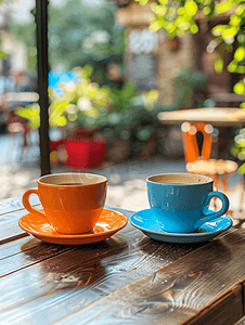在咖啡馆的木桌上喝完咖啡后两个空的彩色杯子