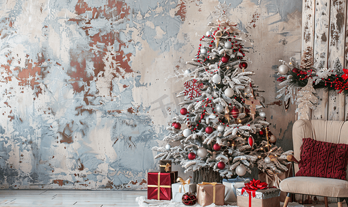 一年节日表摄影照片_圣诞新年静物与圣诞树和家居室内装饰品