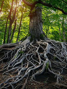 地面上有巨大而有力的树根将树木从森林的土壤中连根拔起